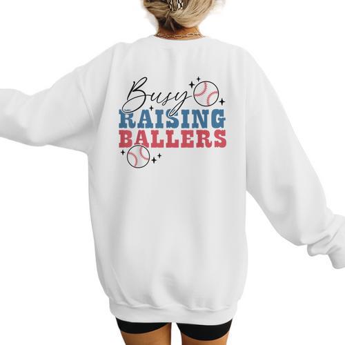 Busy Raising Ballers Retro Groovy Baseball Mom Outfit Women's Sweatshirt Back Print - Sportilla