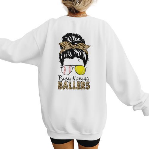 Busy Raising Ballers Tennis Baseball Mom Messy Bun Leopard Women's Sweatshirt Back Print - Sportilla