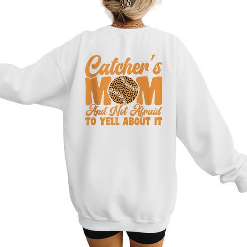 Catcher's Mom And Not Afraid Leopard Baseball Mom Women's Sweatshirt Back Print - Sportilla