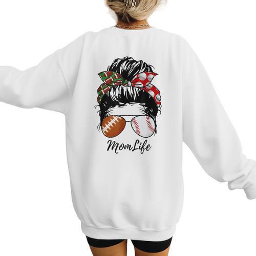 Football Mom Baseball Mom Life Messy Bun Mom Of Both Women's Sweatshirt Back Print - Sportilla