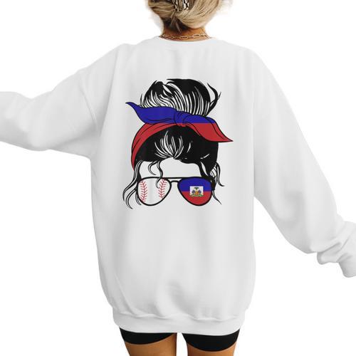 Haitian Baseball Mom Haiti Flag Baseball Girl Women's Sweatshirt Back Print - Sportilla