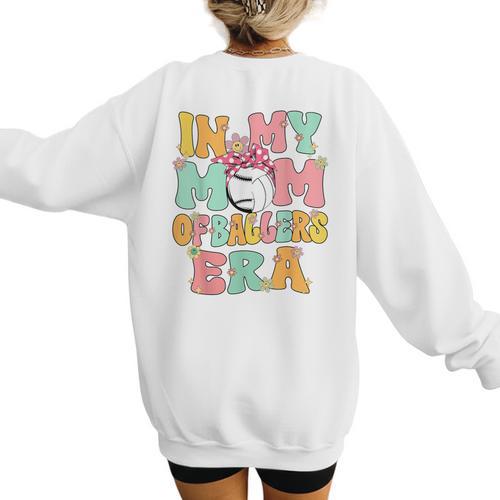 In My Mom Of Ballers Era Groovy Volleyball Baseball Mom Cute Women's Sweatshirt Back Print - Sportilla