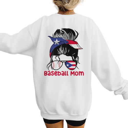 Puerto Rico Baseball Mom Messy Bun Boricua Women's Sweatshirt Back Print - Sportilla