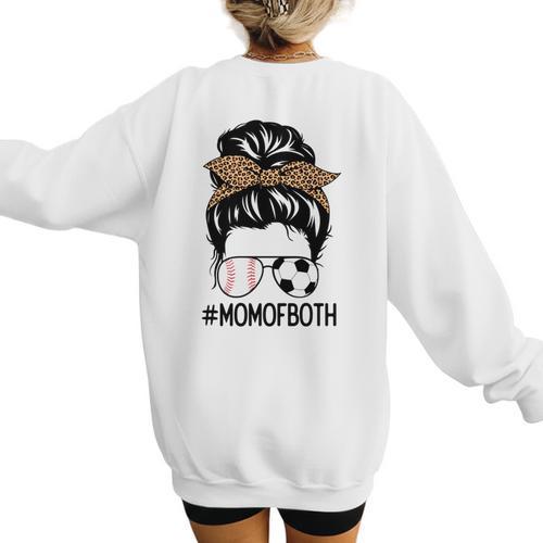 Soccer Baseball Mom Of Both Messy Bun Leopard Mother's Day Women's Sweatshirt Back Print - Sportilla