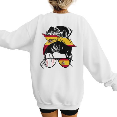 Spanish Baseball Mom Messy Bun Spain Baseball Girl Women's Sweatshirt Back Print - Sportilla