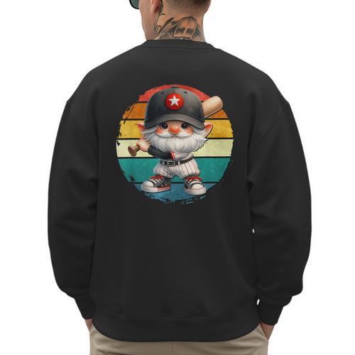 Baseball Grandpa Gnome On A Retro Sunset For Baseball Dad Men's Sweatshirt Back Print - Sportilla