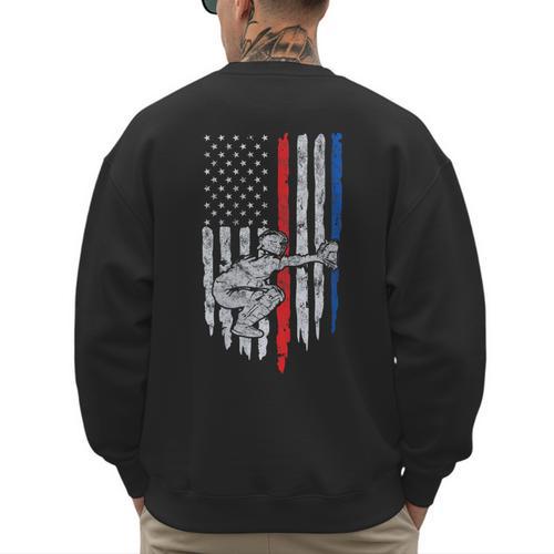 Vintage Baseball US Flag Tee Baseball Dad Player Coach Men's Sweatshirt Back Print - Sportilla