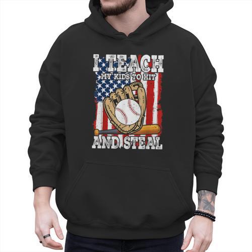 I Teach My Kids To Hit And Steal Baseball Dad American Flag Men Hoodie - Sportilla