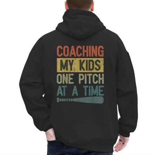 Coaching My Kids One Pitch At A Time Vintage Baseball Dad Men's Hoodie Back Print - Sportilla