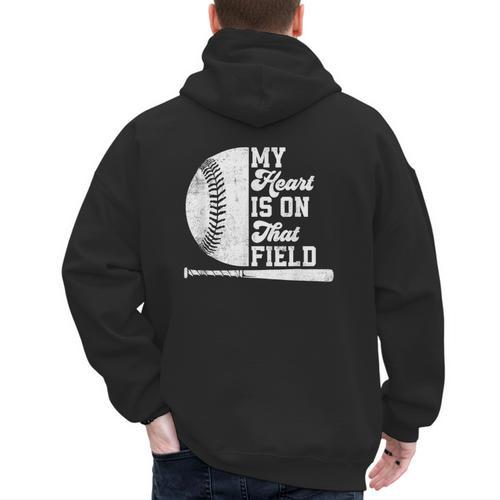 Proud Baseball Dad Fan My Heart Is On That Baseball Field Men's Hoodie Back Print - Sportilla