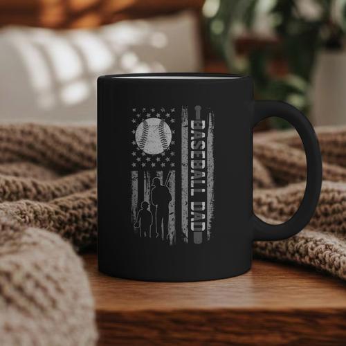 Baseball Dad Silhouette Bat Flag Stars Graphic Print Coffee Mug - Sportilla