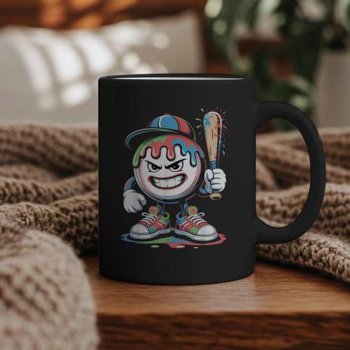 Baseball Mascot Attitude Graffiti Splash Bat Cap Graphic Print Coffee Mug - Sportilla