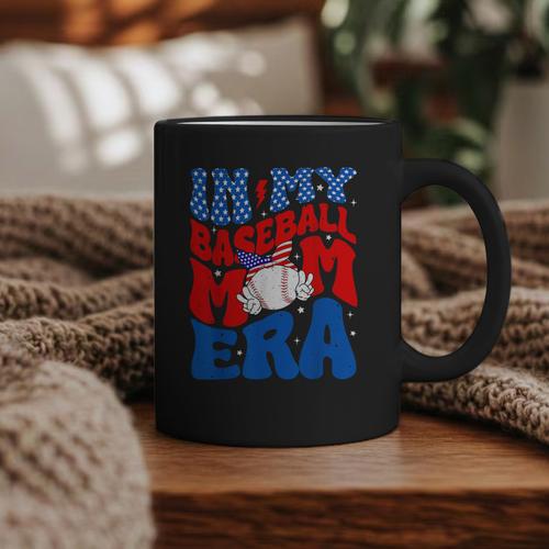 In My Baseball Mom Era Groovy Baseball Mother's Day US Flag Graphic Print Coffee Mug - Sportilla