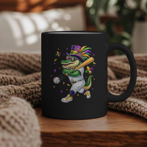 Baseball Player Mardi Gras Alligator Carnival Costume Beads Graphic Print Coffee Mug - Sportilla