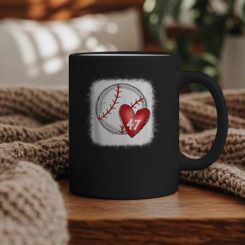Bleached Custom Baseball Mom Number 47 Heart For Mom Graphic Print Coffee Mug - Sportilla