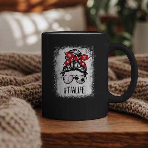 Bleached Tia Life Soccer Messy Bun Baseball Game Day Graphic Print Coffee Mug - Sportilla