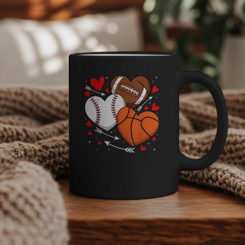 Cute Heart Baseball Basketball Football Valentine Boy Men Graphic Print Coffee Mug - Sportilla