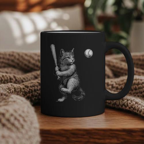 Cute Kitten Playing Baseball Hitter Bat Cool Baseball Cat Graphic Print Coffee Mug - Sportilla