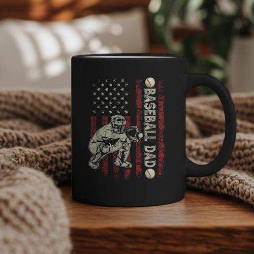 Fathers Day Baseball Dad Flag Dad Men Baseball Catcher Graphic Print Coffee Mug - Sportilla