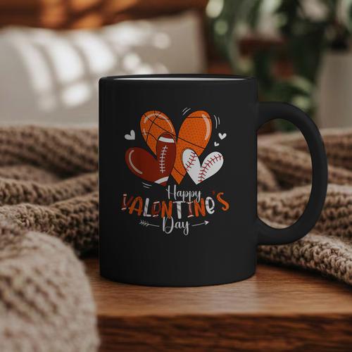 Happy Valentines Day Basketball Baseball Football Boys Graphic Print Coffee Mug - Sportilla