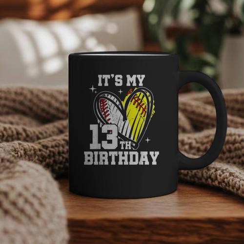It's My 13th Birthday Baseball Softball Heart 13 Year Old Graphic Print Coffee Mug - Sportilla