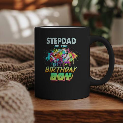 Stepdad Of The Birthday Boy Baseball Football Colorful Graphic Print Coffee Mug - Sportilla