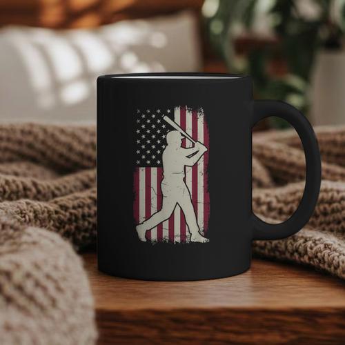 Vintage American Flag Baseball Batter Patriotic Home Run Graphic Print Coffee Mug - Sportilla