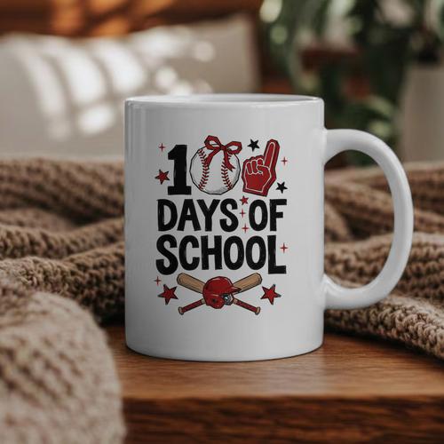 100 Days Of School Coquette Bow Baseball 100th Day Girl Kid Graphic Print Coffee Mug - Sportilla