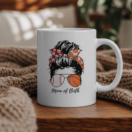 Baseball Mom Basketball Mom Of Both Messy Bun Mother's Day Graphic Print Coffee Mug - Sportilla