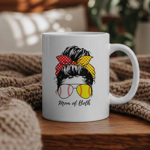 Baseball Mom Softball Mom Of Both Messy Bun Mother's Day Graphic Print Coffee Mug - Sportilla