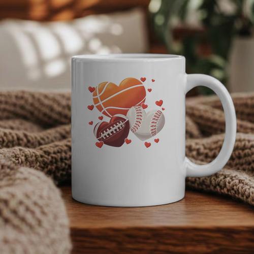 Football Basketball Baseball Heart Valentine Boys Men Kid Graphic Print Coffee Mug - Sportilla