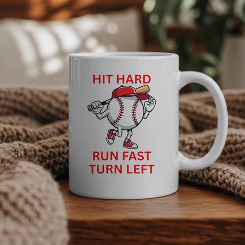 Hit Hard Run Fast Turn Left Baseball Player Premium Tri-Blend Graphic Print Coffee Mug - Sportilla