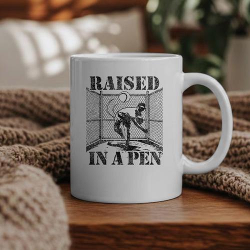 Raised In a Pen Baseball Pitcher Saying Bullpen Graphic Print Coffee Mug - Sportilla
