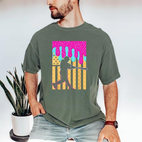 Baseball Drip Bat Boys Ice Cream American Flag 4th Of July Men's Comfort Colors T-Shirt - Sportilla