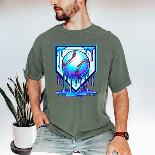 Baseball Drip Ice Cream Blue Glow Melt Ball Graphic Men's Comfort Colors T-Shirt - Sportilla
