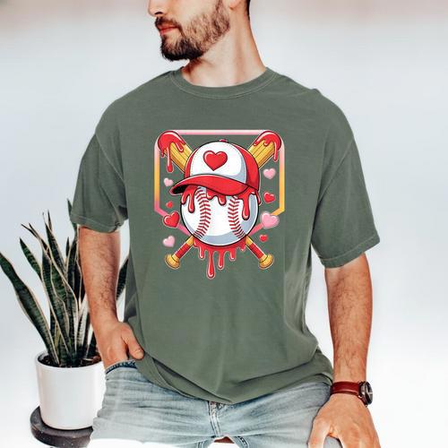 Baseball Heart Valentines Day Baseball Ice Cream Drip Boys Men's Comfort Colors T-Shirt - Sportilla