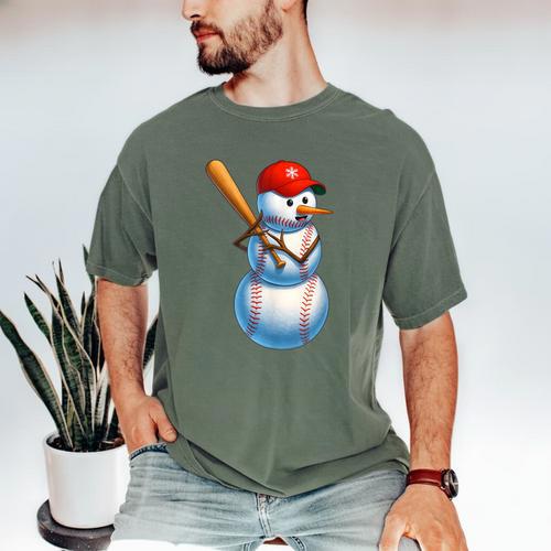 Baseball Snowman Merry Christmas Xmas Pajamas Men Women Kids Men's Comfort Colors T-Shirt - Sportilla