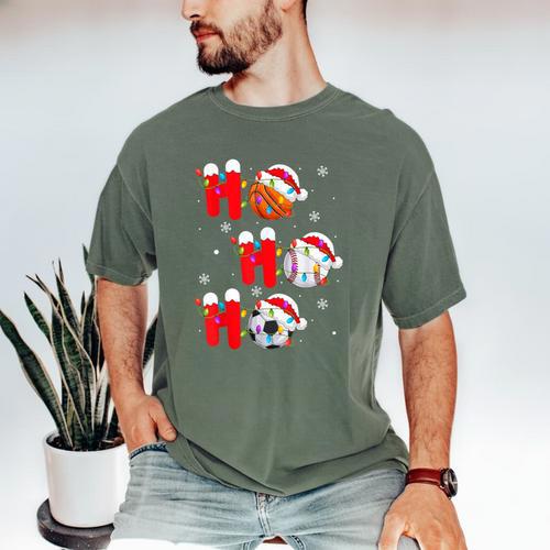 Basketball Baseball Soccer Christmas Ho Ho Ho Santa Xmas Men's Comfort Colors T-Shirt - Sportilla