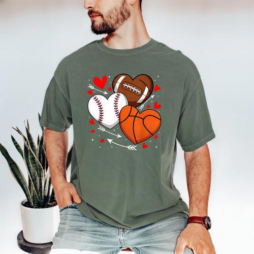 Cute Heart Baseball Basketball Football Valentine Boy Men Men's Comfort Colors T-Shirt - Sportilla