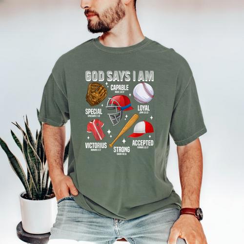 God Says I Am Baseball Player Catcher Pitcher Boys Men Men's Comfort Colors T-Shirt - Sportilla