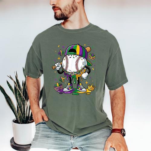 Mardi Gras Ice Cream Drip Baseball Carnival Party Mask Boys Men's Comfort Colors T-Shirt - Sportilla