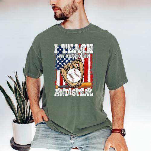 I Teach My Kids To Hit And Steal Baseball Dad American Flag Men's Comfort Colors T-Shirt - Sportilla