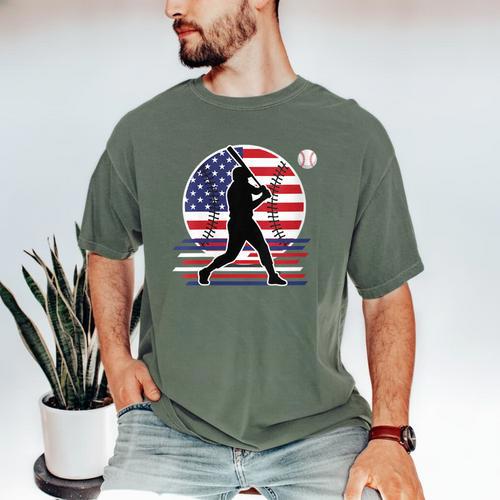 Women's Batter Patriotic American Flag Baseball Silks Men's Comfort Colors T-Shirt - Sportilla