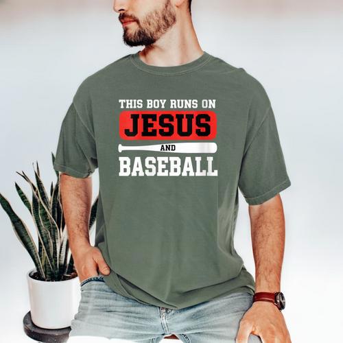 This Boy Runs On Jesus And Baseball Christian Baseball Men's Comfort Colors T-Shirt - Sportilla