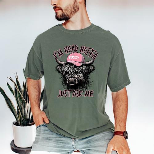 I'm Head Heffa Just Ask Me Bossy Highland Cow Baseball Cap Men's Comfort Colors T-Shirt - Sportilla