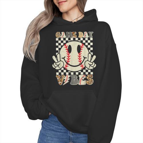 Women Kids Baseball Game Day Vibes Smile Baseball Mom Wmen Hoodie - Sportilla