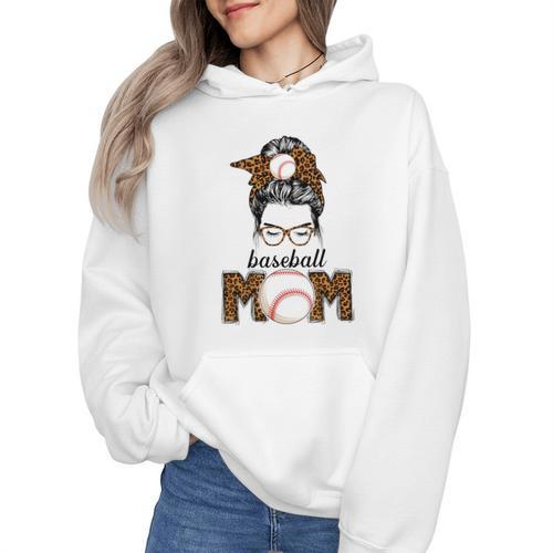 Baseball Mom Women Messy Bun Leopard Mother's Day Wmen Hoodie - Sportilla