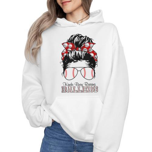 Kinda Busy Raising Ballers Messy Bun Funny Baseball Mom Wmen Hoodie - Sportilla
