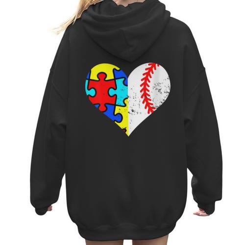 Autism Baseball Heart Autism Puzzle Baseball Mom Women Hoodie Back Print - Sportilla