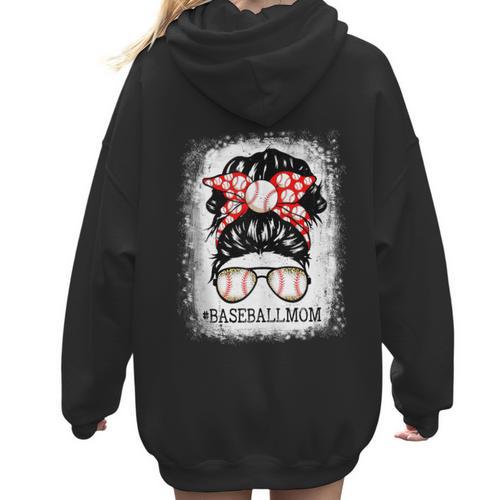Baseball Mom Messy Bun Hair Player Mom Women Hoodie Back Print - Sportilla